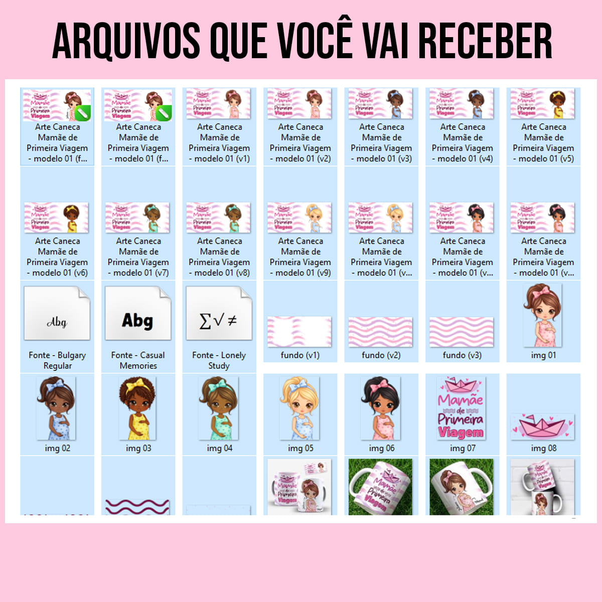 arquivos da arte para caneca mamãe de primeira viagem com espaço para nomes da mamãe e do bebê, em tons suaves e com uma bonequinha grávida