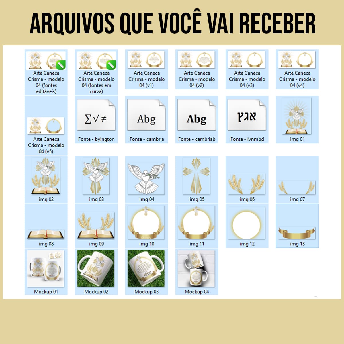 Arquivos da arte para caneca crisma espírito santo pomba branca, Bíblia aberta, raios dourados, faixa minha crisma e espaço para nome e data