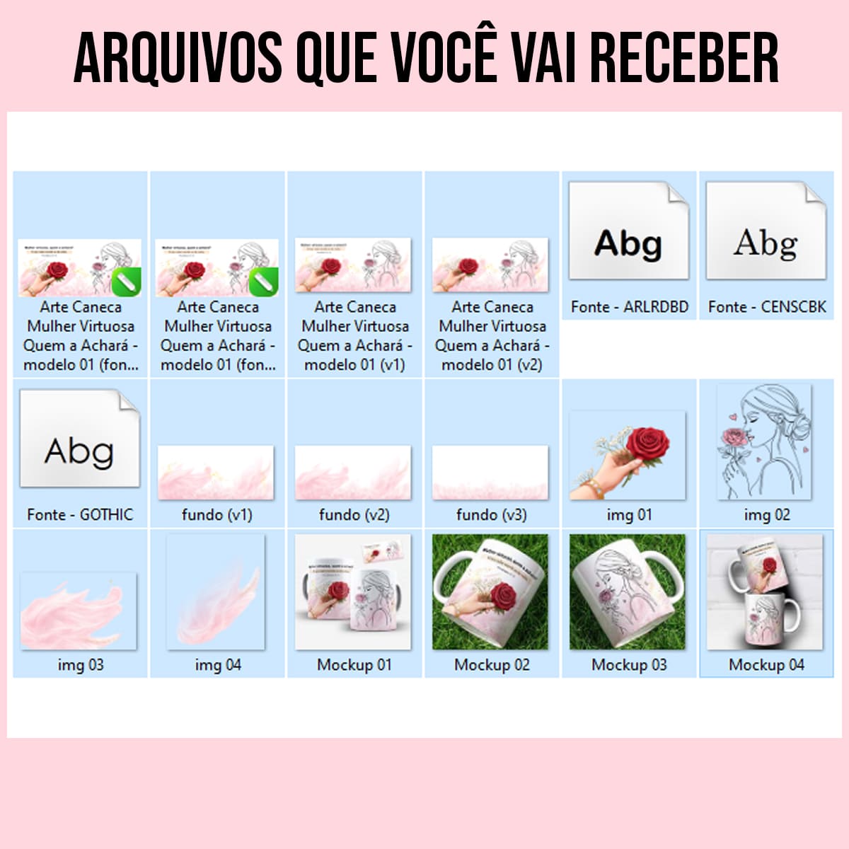 Arquivos da arte Para Caneca Mulher Virtuosa Quem a Achará, com desenho de mulher em linha contínua, tons de rosa e detalhes dourados