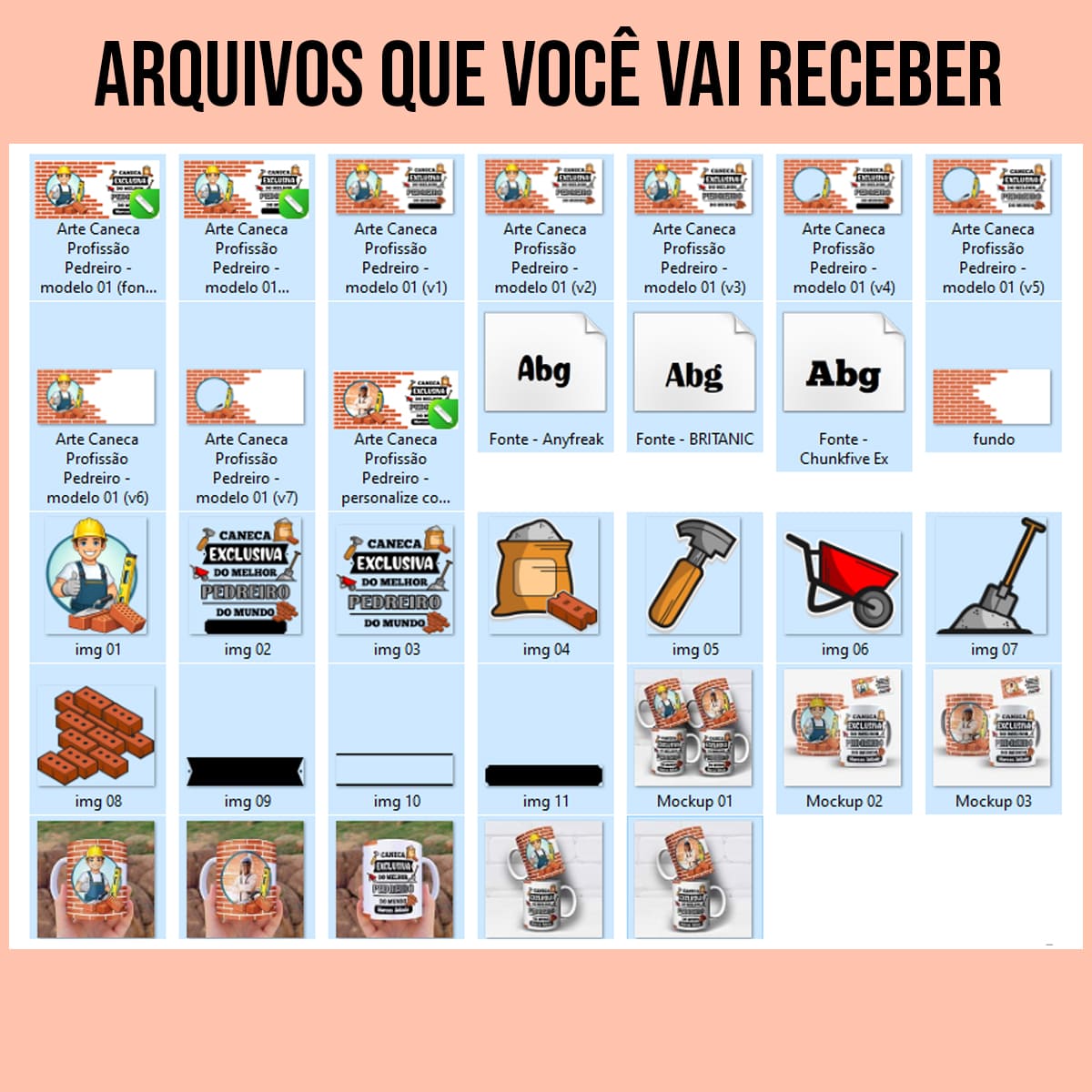 Arquivos da arte Digital Para Caneca profissão pedreiro: fundo de tijolos, ferramentas, desenho de profissional e espaço para personalização de foto e nome
