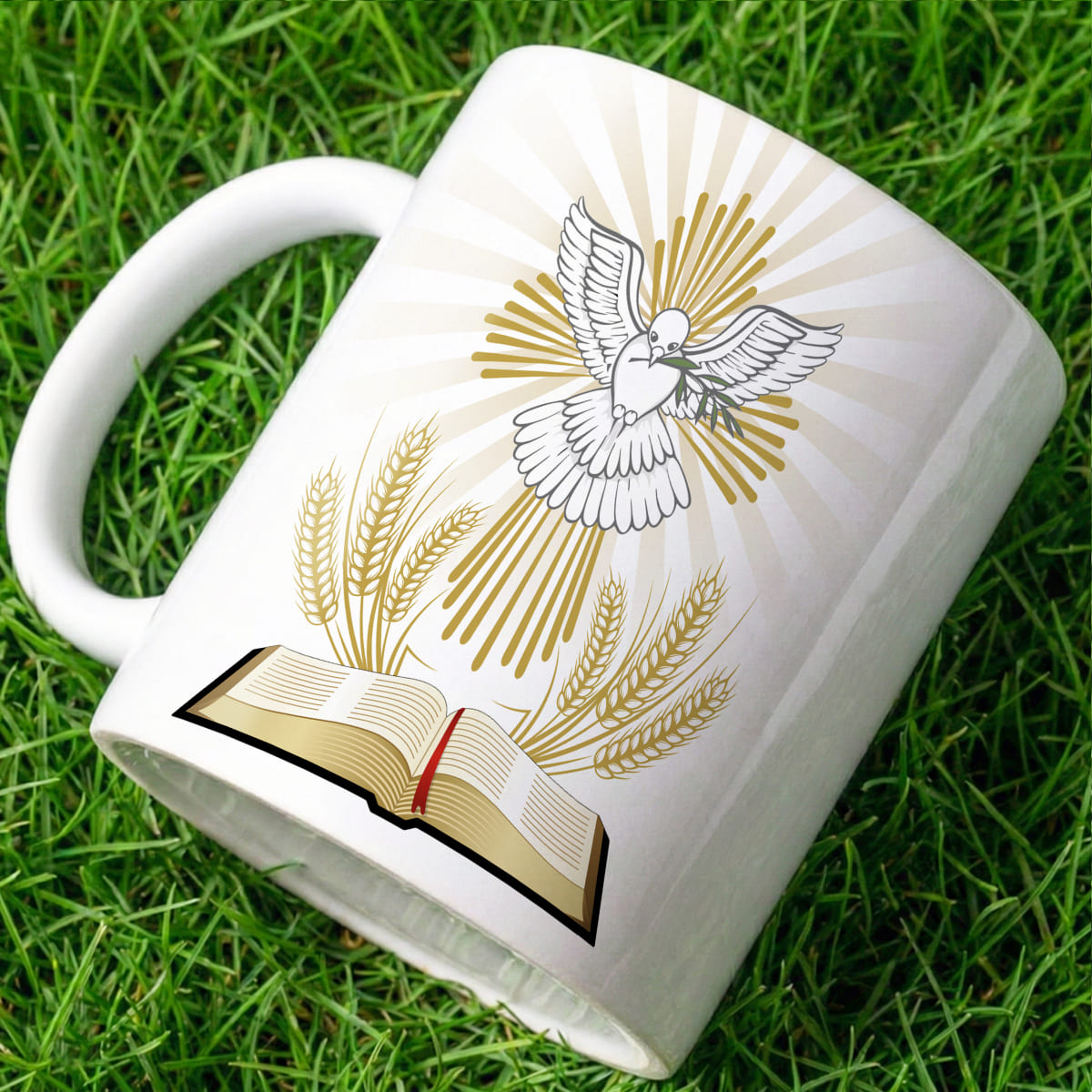 Arte para caneca crisma espírito santo pomba branca, Bíblia aberta, raios dourados, faixa minha crisma e espaço para nome e data