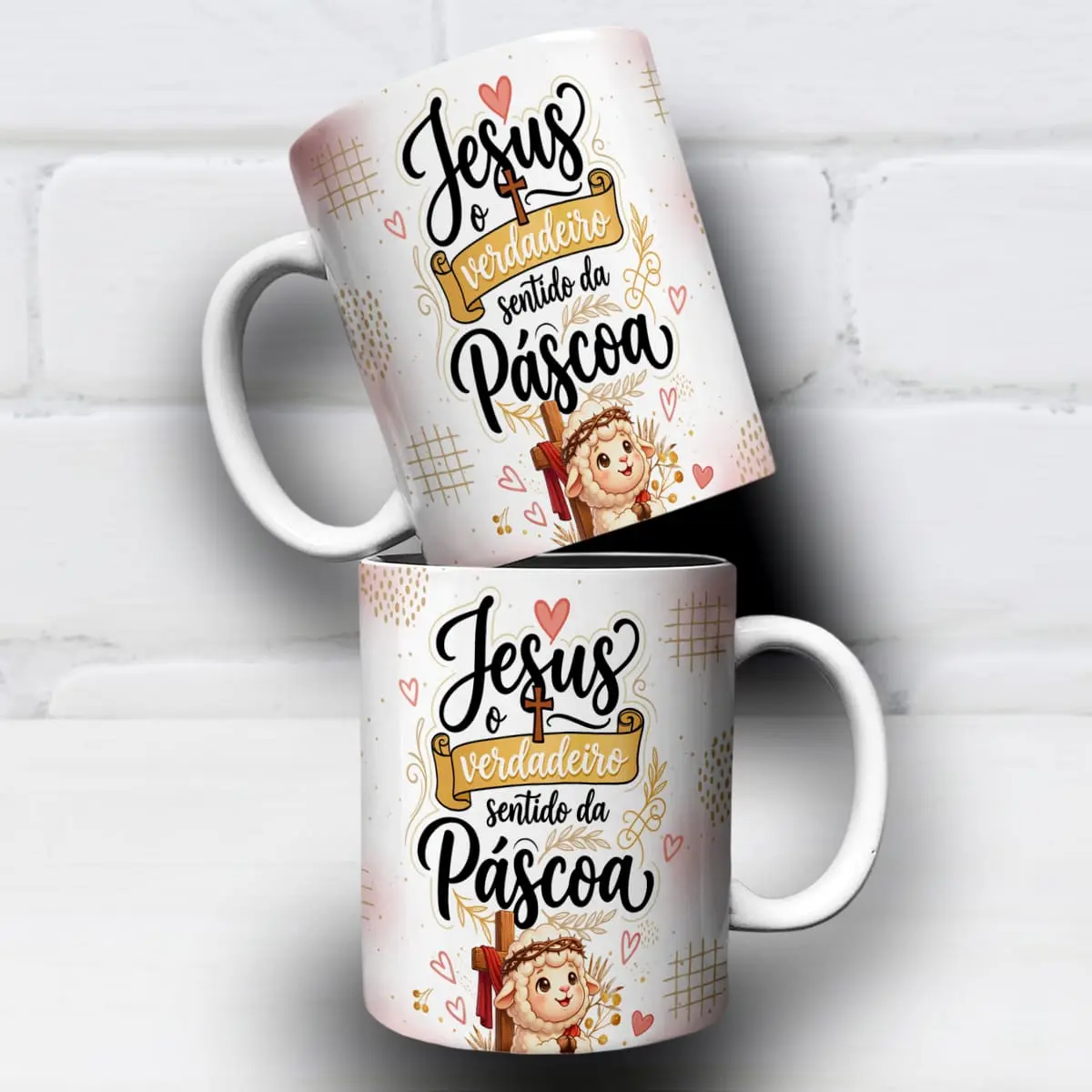 arte para caneca jesus o verdadeiro sentido da páscoa frase com cruz e coração, cordeirinho e cruz com pano vermelho