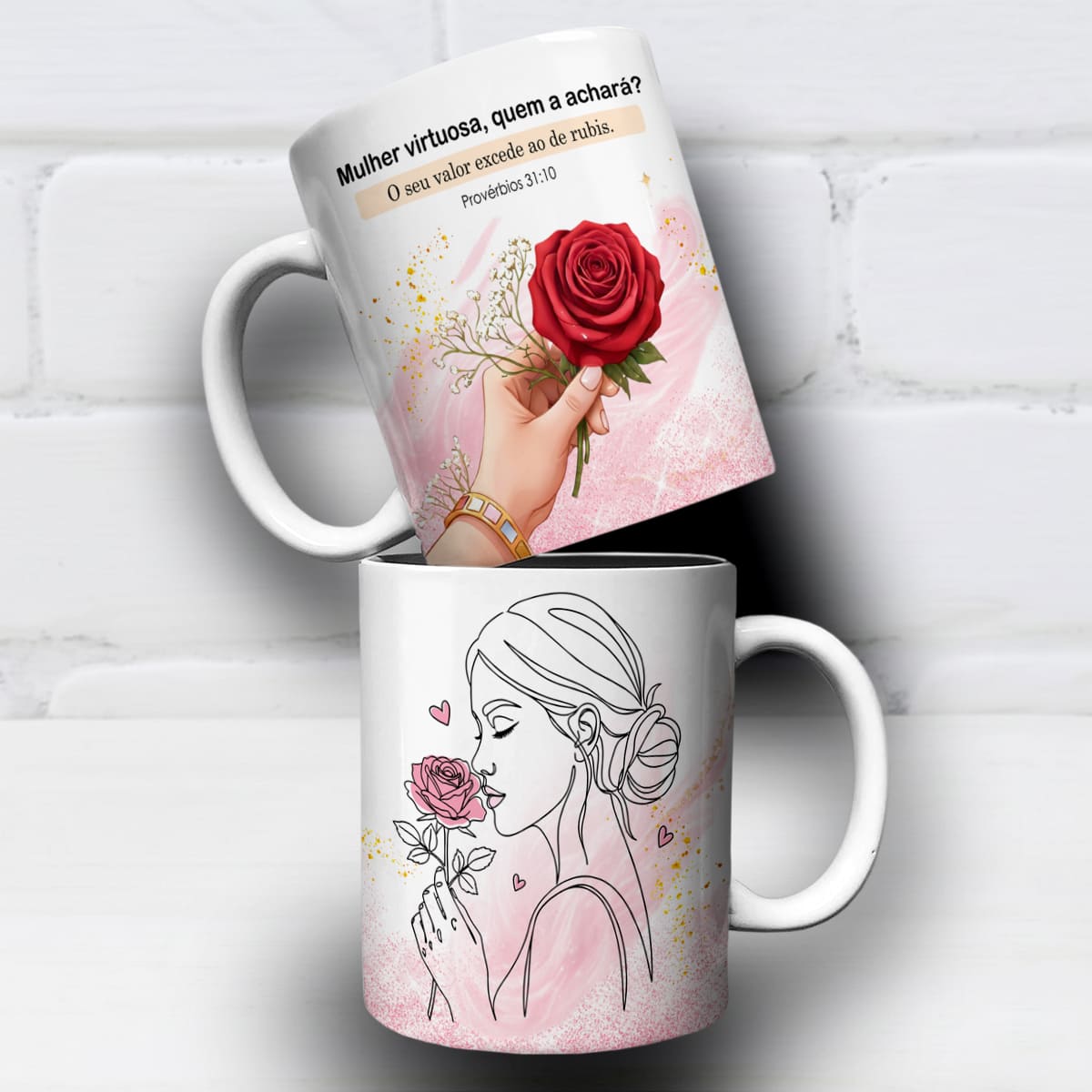 Arte Para Caneca Mulher Virtuosa Quem a Achará, com desenho de mulher em linha contínua, tons de rosa e detalhes dourados