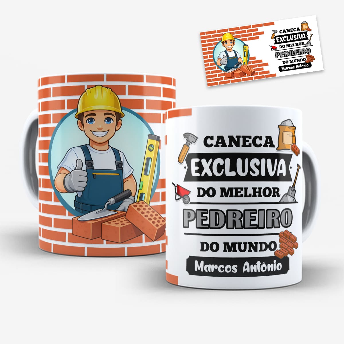 Arte Digital Para Caneca profissão pedreiro: fundo de tijolos, ferramentas, desenho de profissional e espaço para personalização de nome