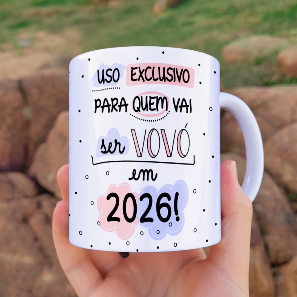Arte para caneca 365 motivos uso exclusivo de quem vai ser vovó e vovô com corações e formas em cores suaves e espaço para personalizar o ano