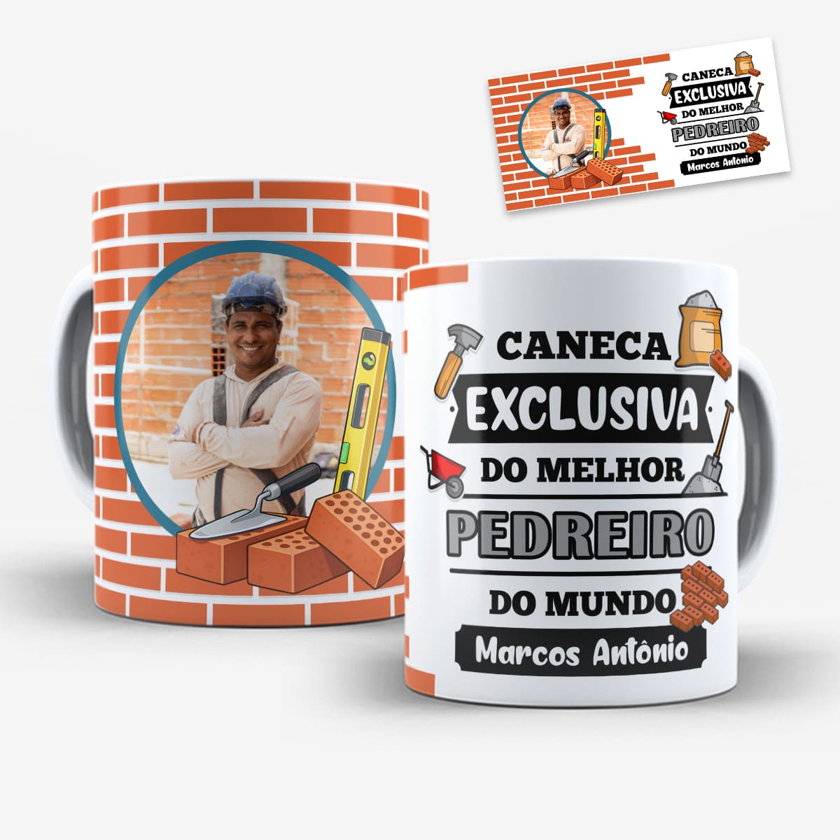 Arte Digital Para Caneca profissão pedreiro: fundo de tijolos, ferramentas, desenho de profissional e espaço para personalização de foto e nome