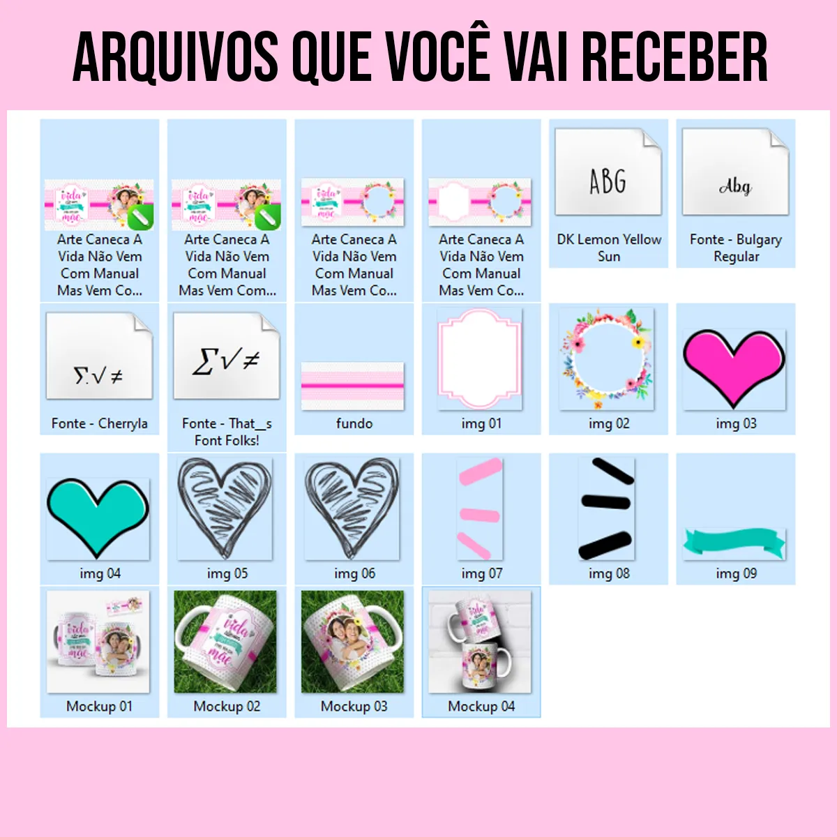 arquivos da arte para caneca a vida não vem com manual vem com mãe com frase e moldura floral para foto tema dia das mães fundo claro com bolinhas e faixa rosa
