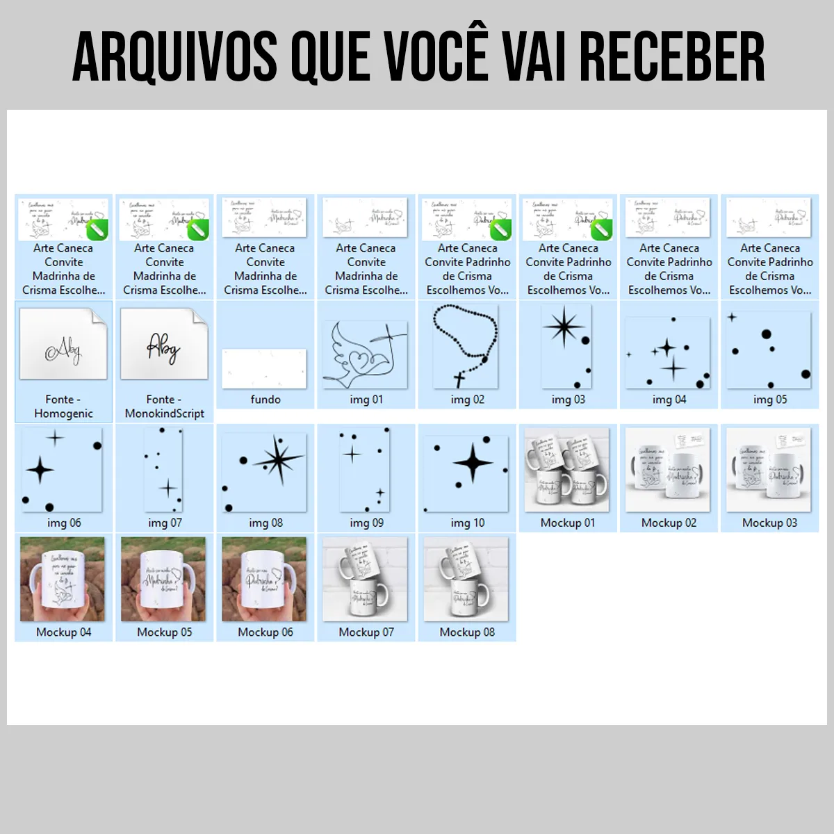 arquivos da arte para caneca convite madrinha e padrinho de crisma com pomba, coração e cruz em traços leves e frase escolhemos você