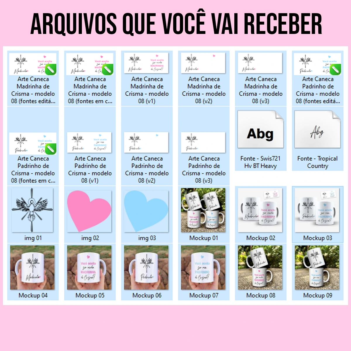 arquivos da arte para caneca convite madrinha e padrinho de crisma com pomba do espírito santo, frases de convite e corações rosa e azul