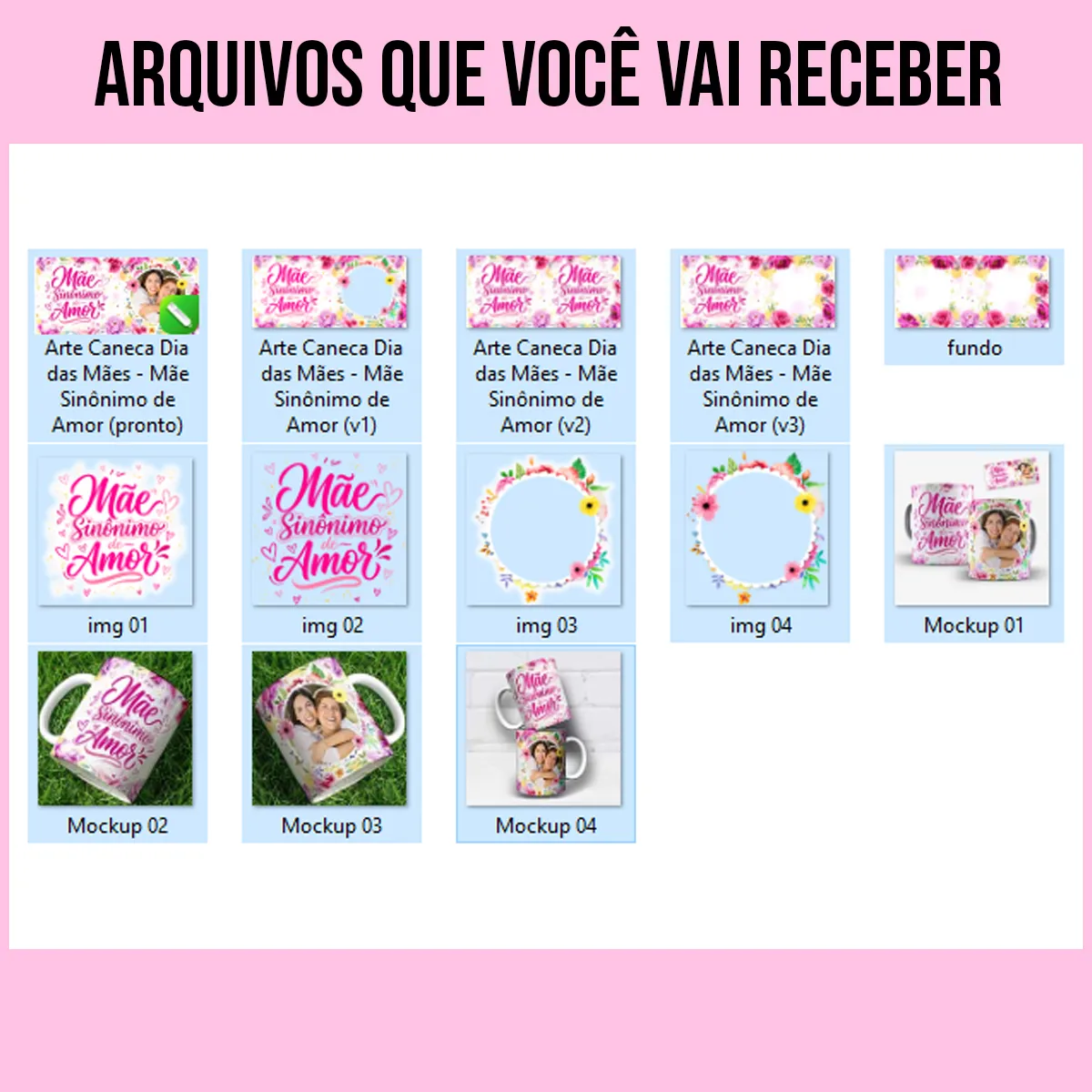 arquivos para arte para caneca dia das mães mãe sinônimo de amor com fundo floral rosa, frase destacada, corações e moldura para foto