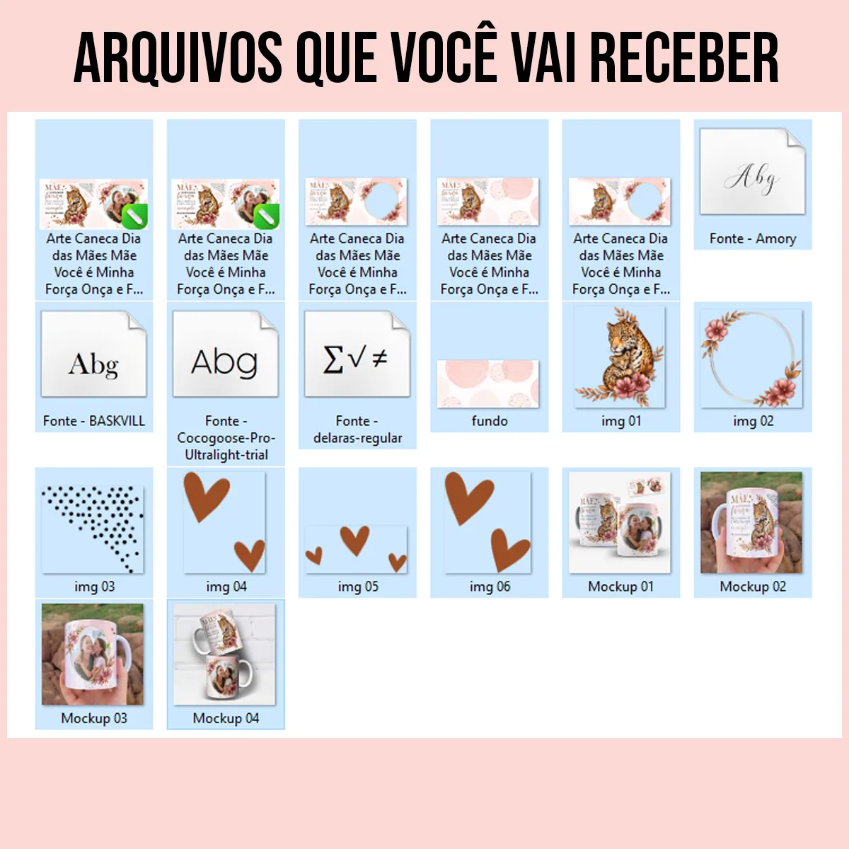 arquivos da arte para caneca dia das mães onça e filhote força e exemplo com frase carinhosa e espaço para foto com moldura floral