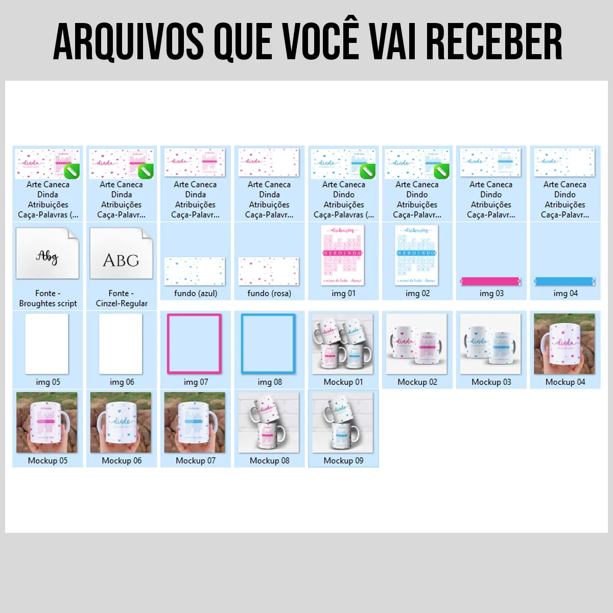 arquivos da arte para caneca dindo e dinda atribuições palavras cruzadas com corações, nome personalizável, palavras de carinho e frase "e acima de tudo, Amar!"