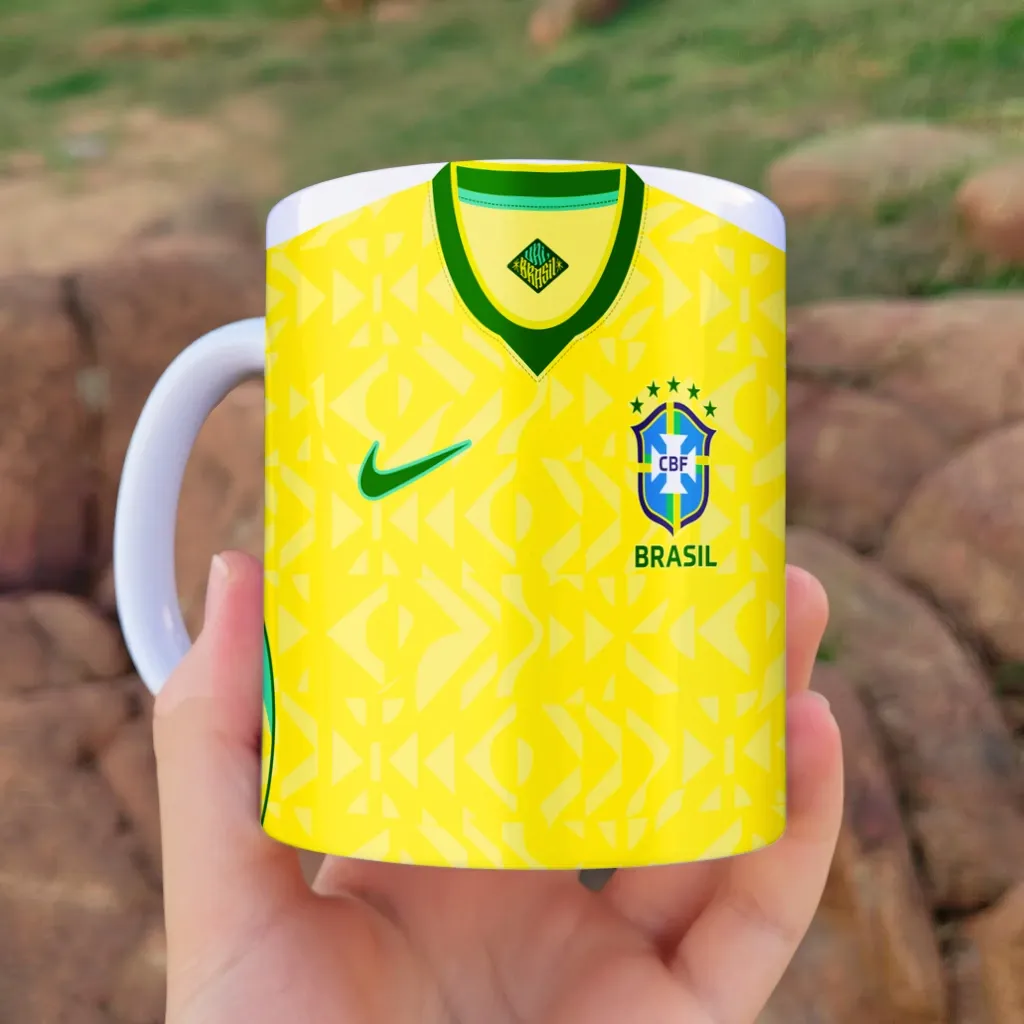 arte para caneca camisa seleção brasileira 2026 amarela com detalhes verdes