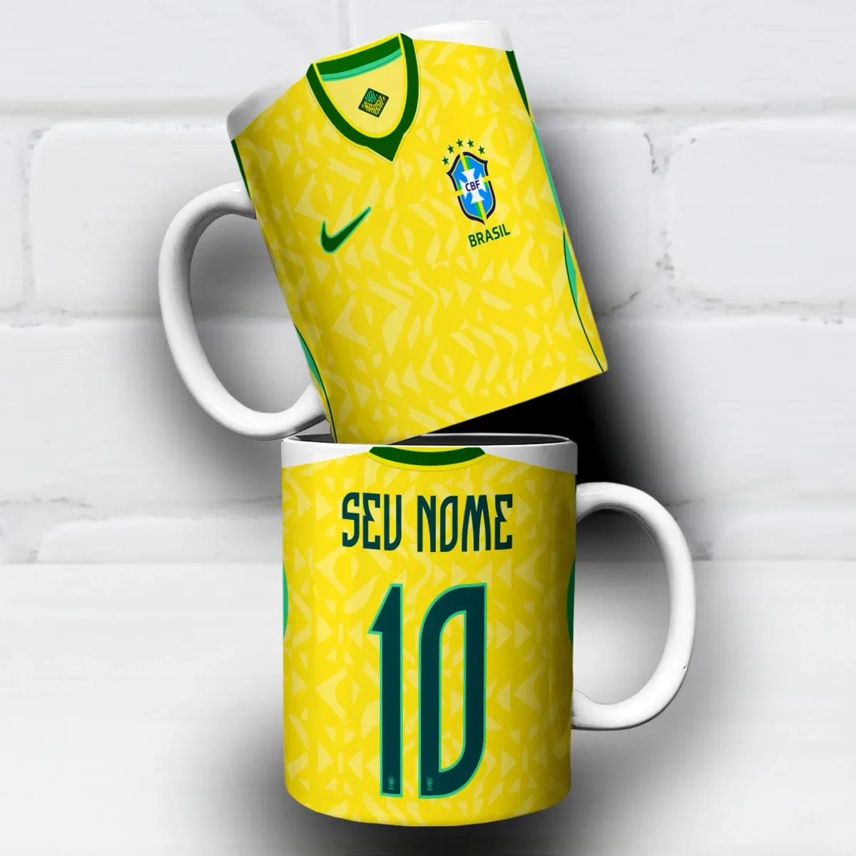 arte para caneca camisa seleção brasileira 2026 amarela com detalhes verdes e espaço para personalização de nome e número