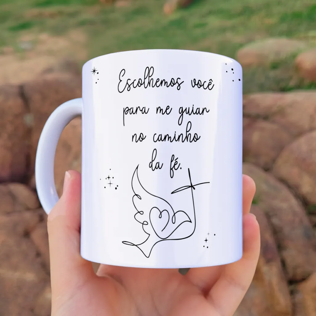 arte para caneca convite madrinha e padrinho de crisma com pomba, coração e cruz em traços leves e frase escolhemos você