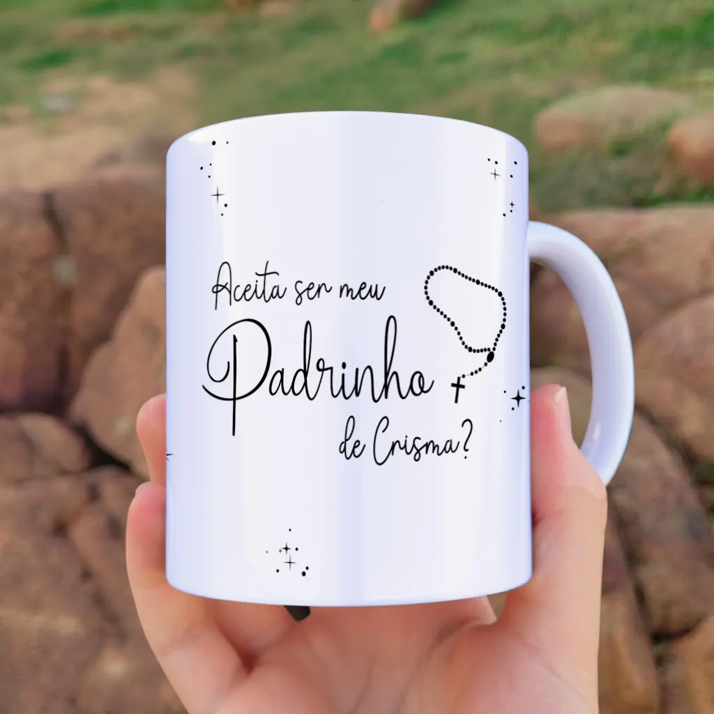 arte para caneca convite padrinho de crisma com pomba, coração e cruz em traços leves e frase escolhemos você