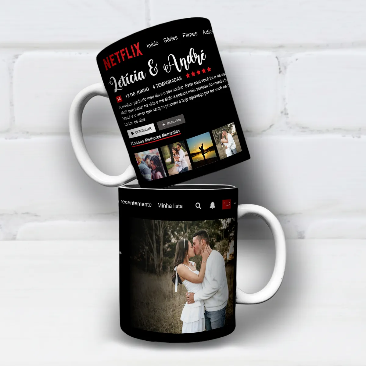 arte para caneca namorados netflix com layout inspirado na plataforma de streaming, espaço para fotos do casal, nomes e mensagem romântica personalizável