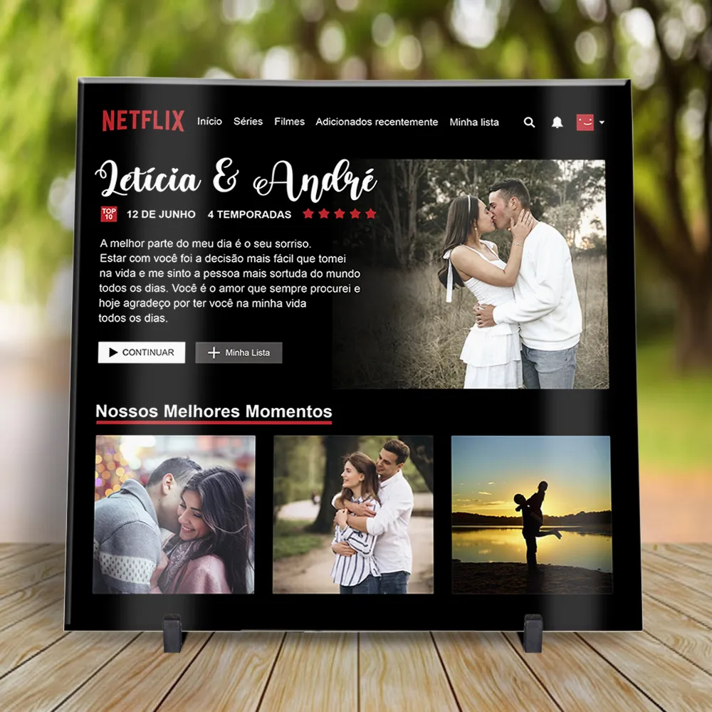 arte para azulejo namorados netflix com layout inspirado na plataforma de streaming, espaço para fotos do casal, nomes e mensagem romântica personalizável