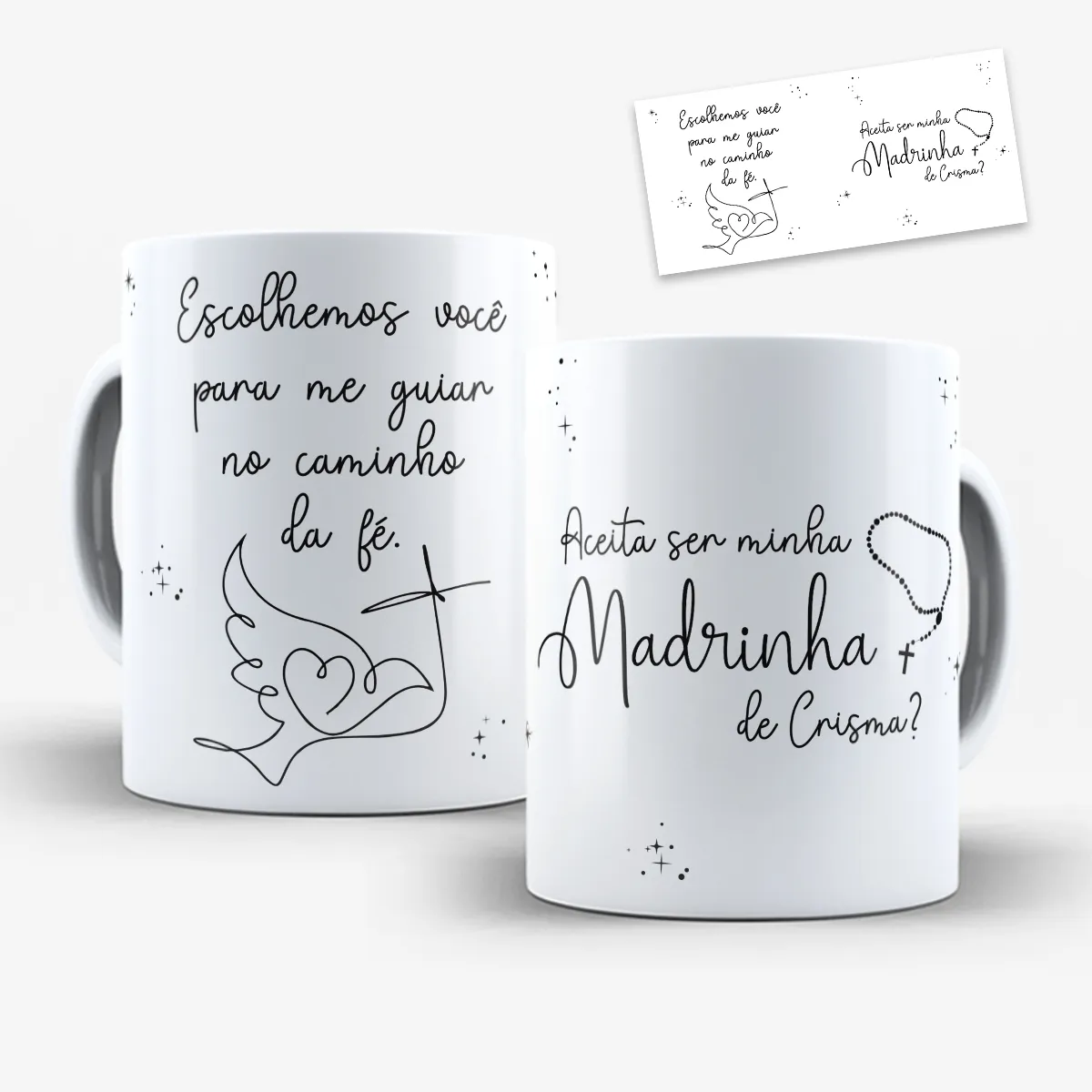 arte para caneca convite madrinha de crisma com pomba, coração e cruz em traços leves e frase escolhemos você