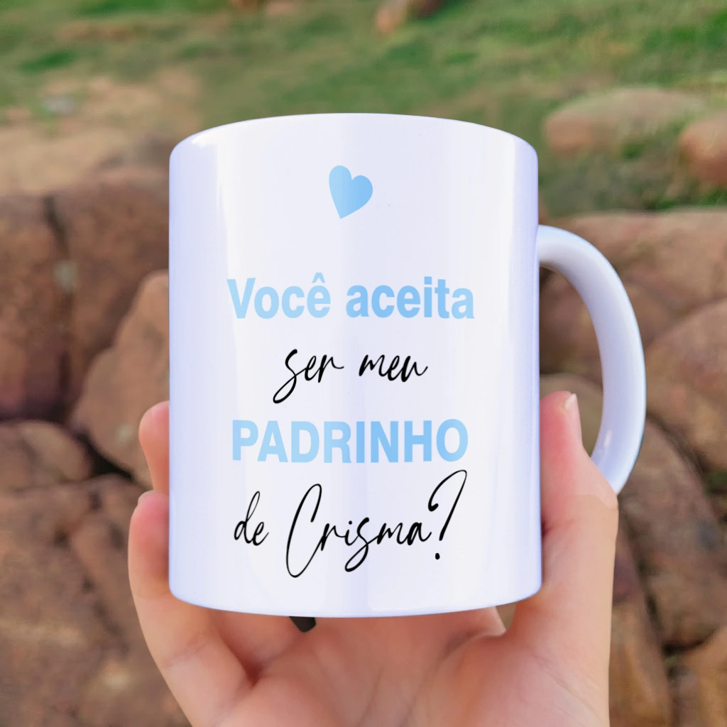 arte para caneca convite padrinho de crisma com pomba do espírito santo, frase de convite e coração azul