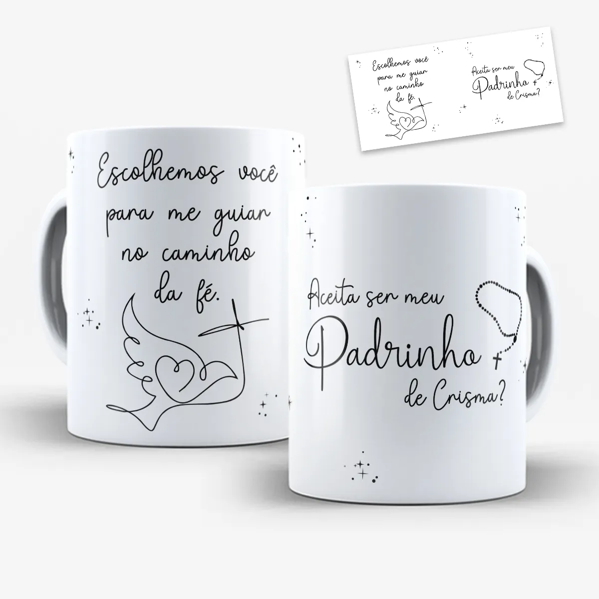 arte para caneca convite padrinho de crisma com pomba, coração e cruz em traços leves e frase escolhemos você