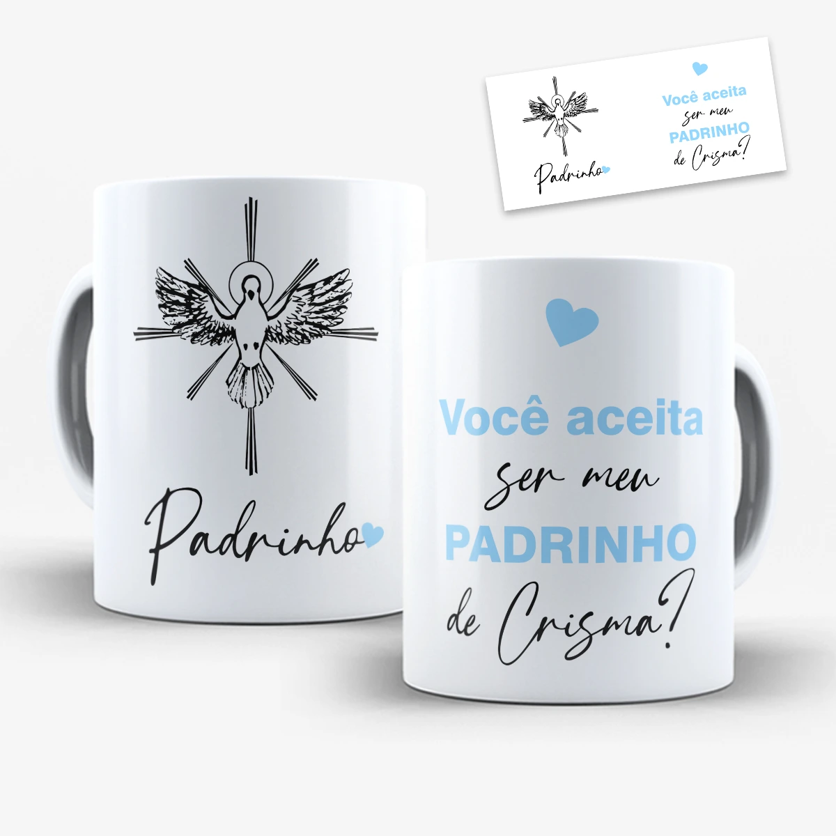 arte para caneca convite padrinho de crisma com pomba do espírito santo, frase de convite e coração azul