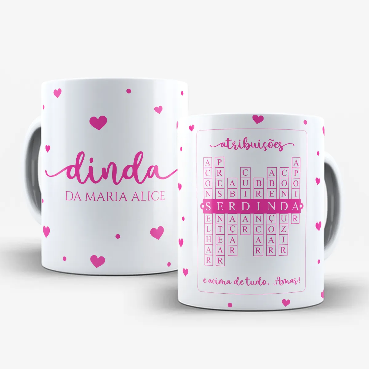 arte para caneca dinda atribuições palavras cruzadas com corações, nome personalizável, palavras de carinho e frase "e acima de tudo, Amar!"