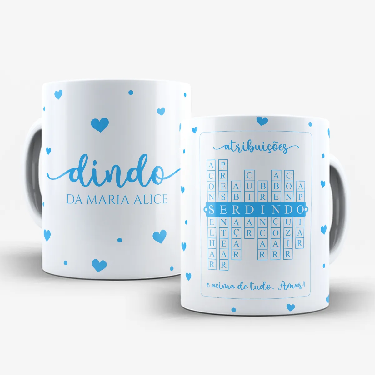 arte para caneca dindo atribuições palavras cruzadas com corações, nome personalizável, palavras de carinho e frase "e acima de tudo, Amar!"