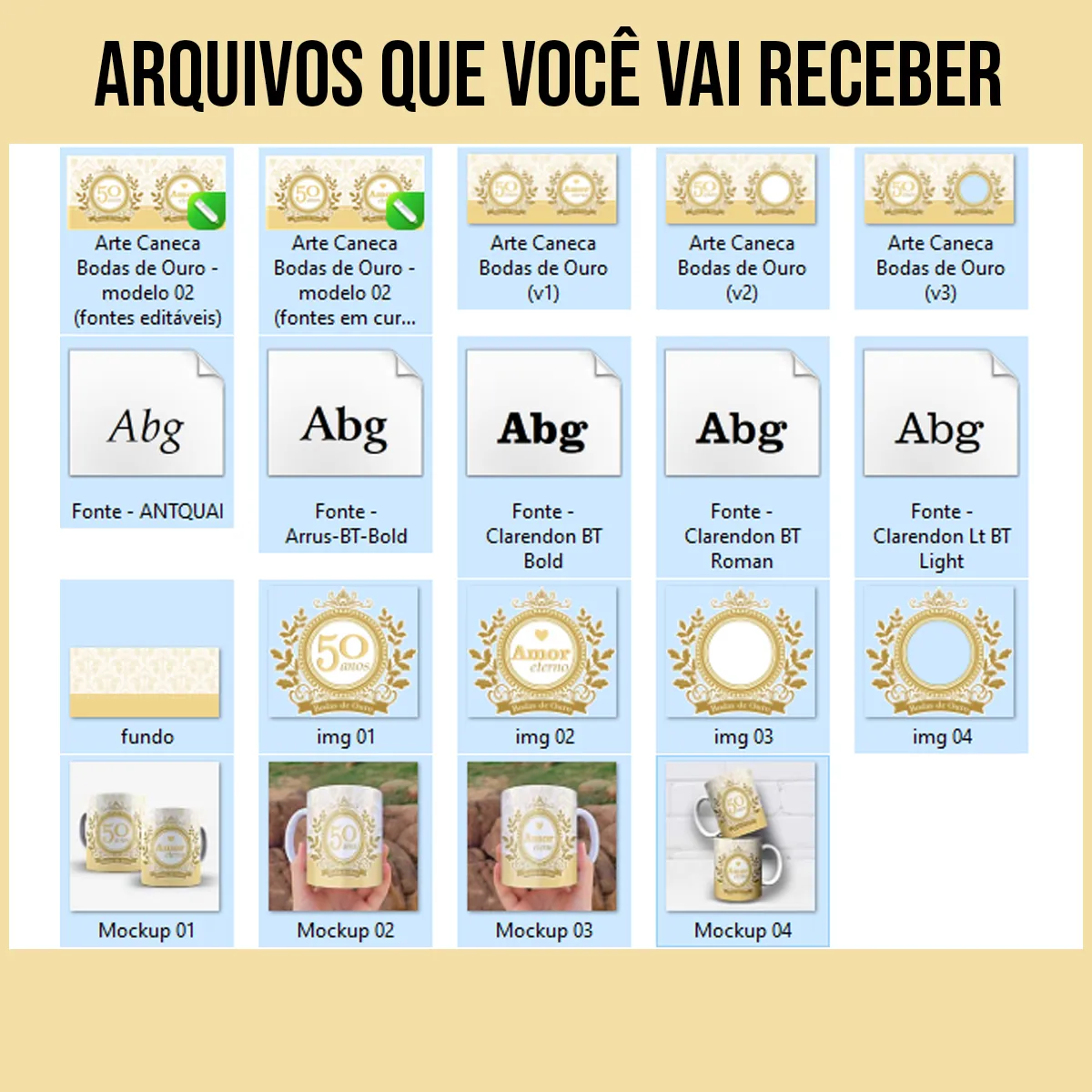 arquivos da arte para caneca bodas de ouro 50 anos de casados com tons dourados, ornamentos delicados e frases Amor Eterno e Bodas de Ouro