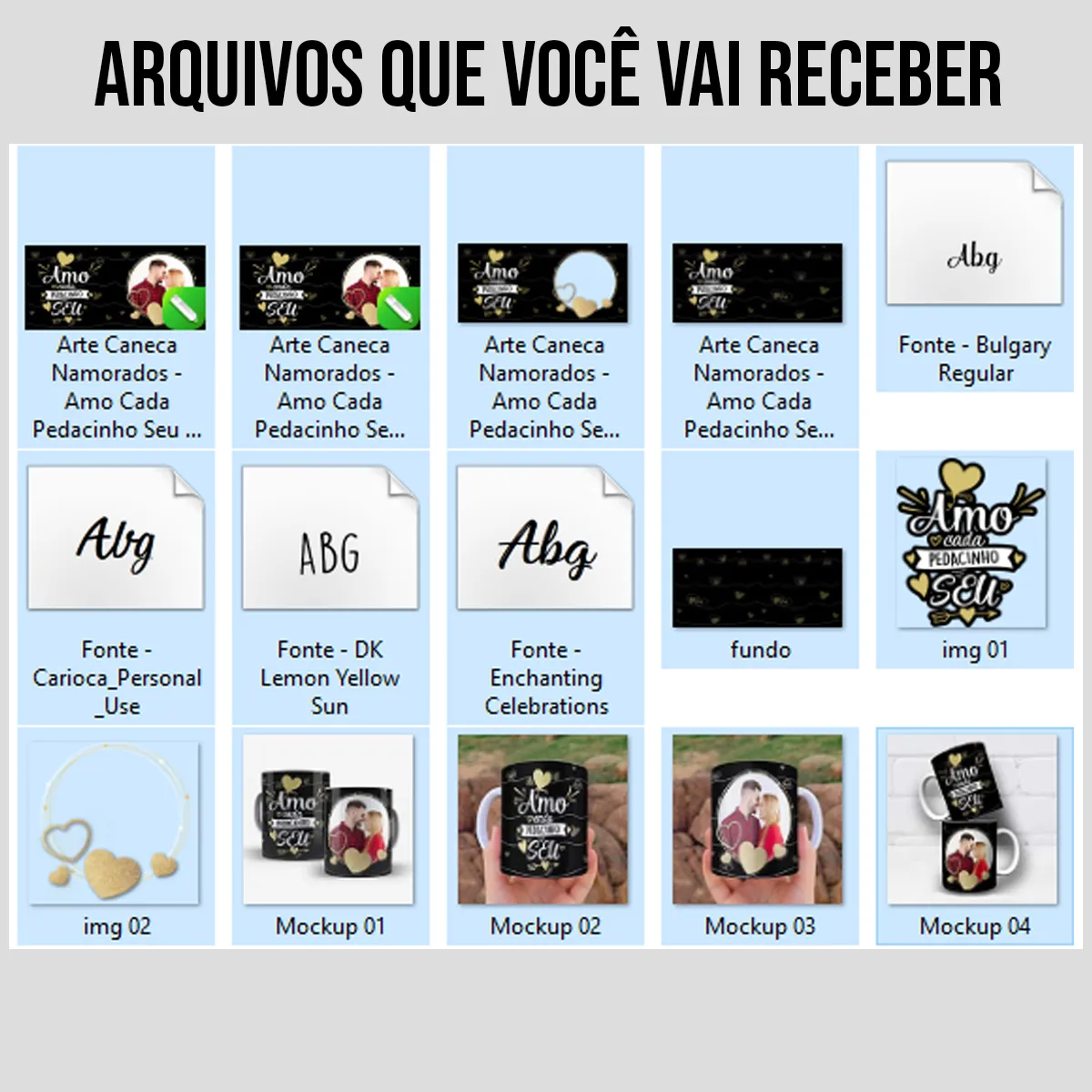 arquivos da arte para caneca namorados amo cada pedacinho seu com fundo escuro, detalhes dourados, corações e espaço para foto do casal