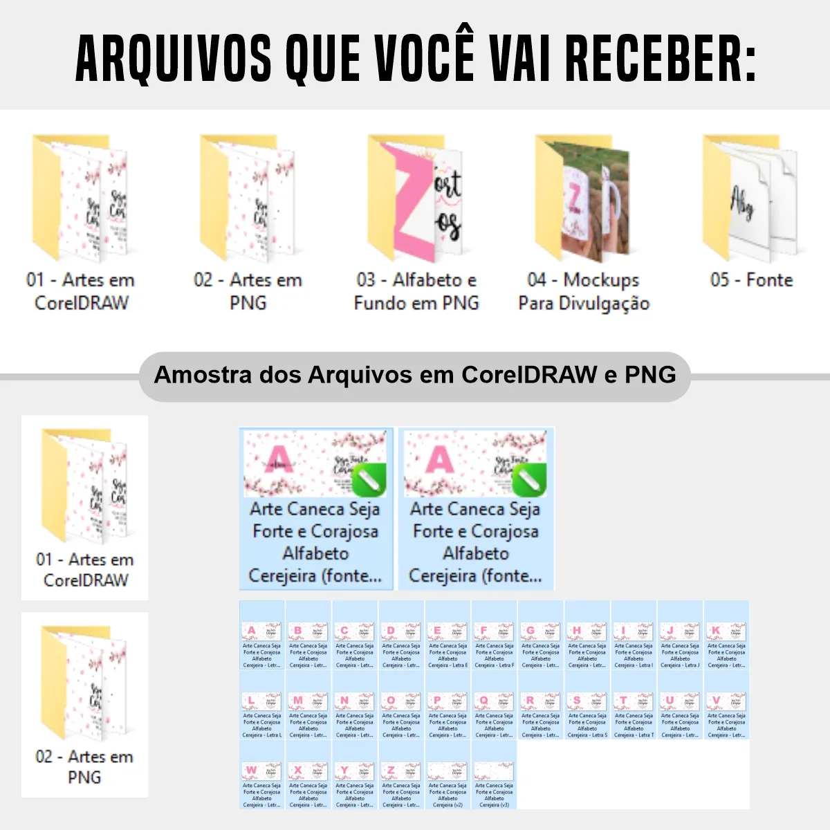 arquivos da arte para caneca seja forte e corajosa com inicial e nome cerejeira, flores de cerejeiras delicadas e versículo Josué 1:9