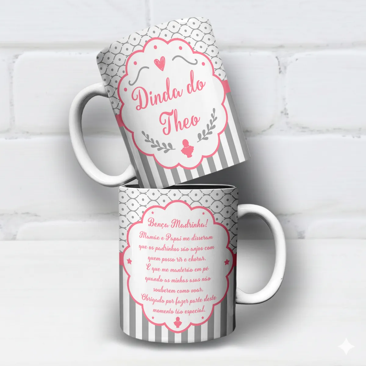 arte para caneca dinda padrinhos de batismo anjinhos em tons rosa com mensagem e espaço para nome