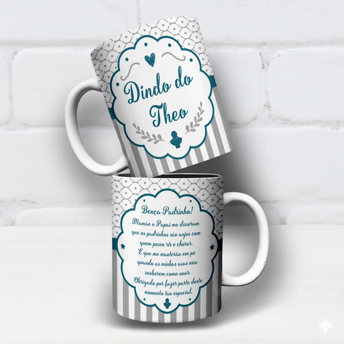arte para caneca dindo padrinhos de batismo anjinhos em tons azul com mensagem e espaço para nome