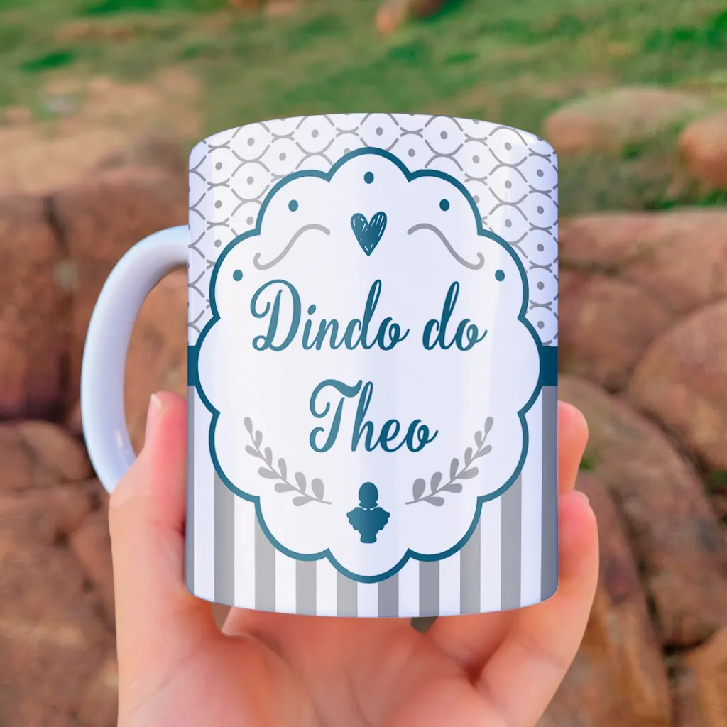 arte para caneca dindo padrinhos de batismo anjinhos em tons azul com mensagem e espaço para nome
