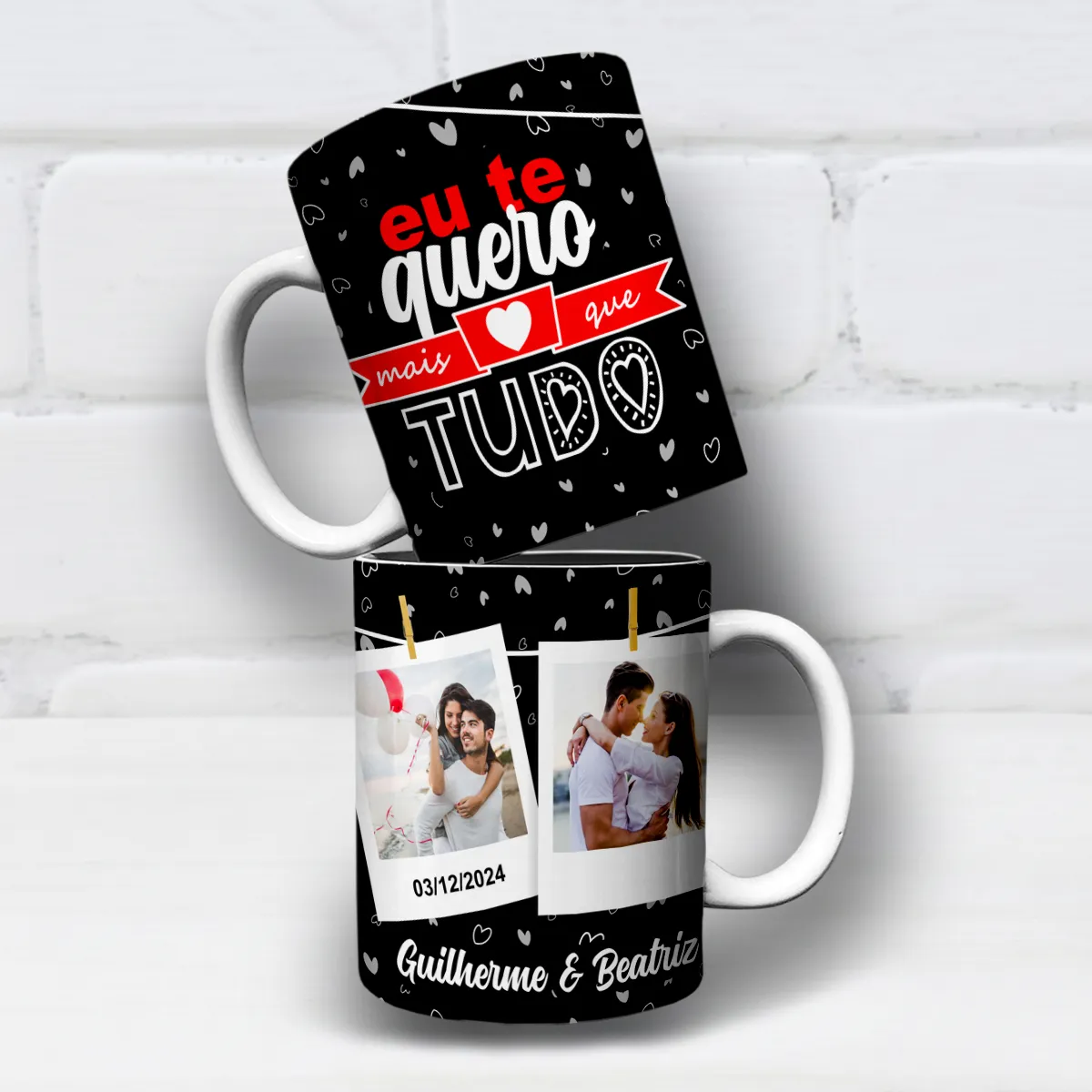 arte para caneca namorados eu te quero mais que tudo, espaço para nomes, 2 fotos e data, fundo preto com corações
