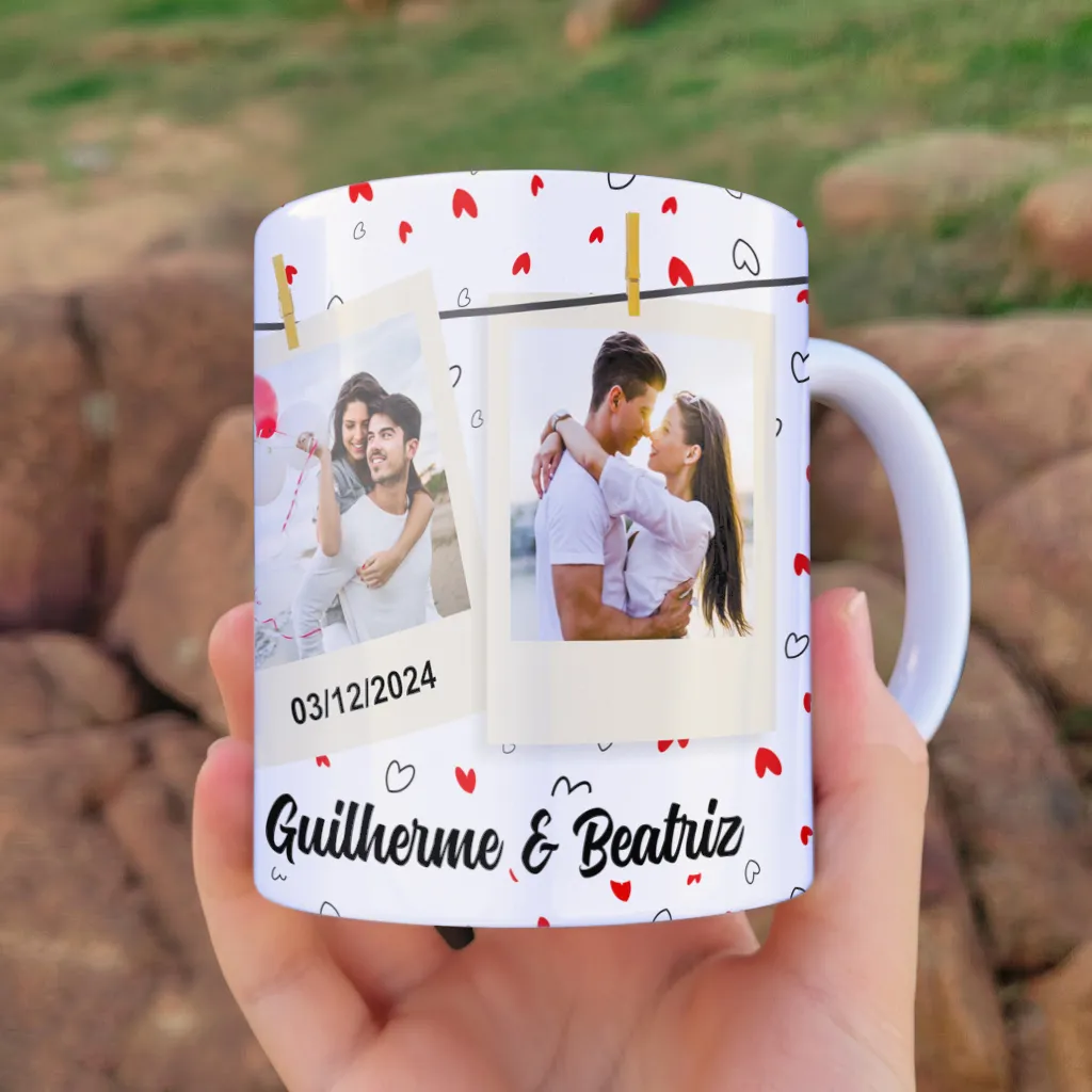 arte para caneca namorados eu te quero mais que tudo, espaço para nomes, 2 fotos e data, fundo branco com corações