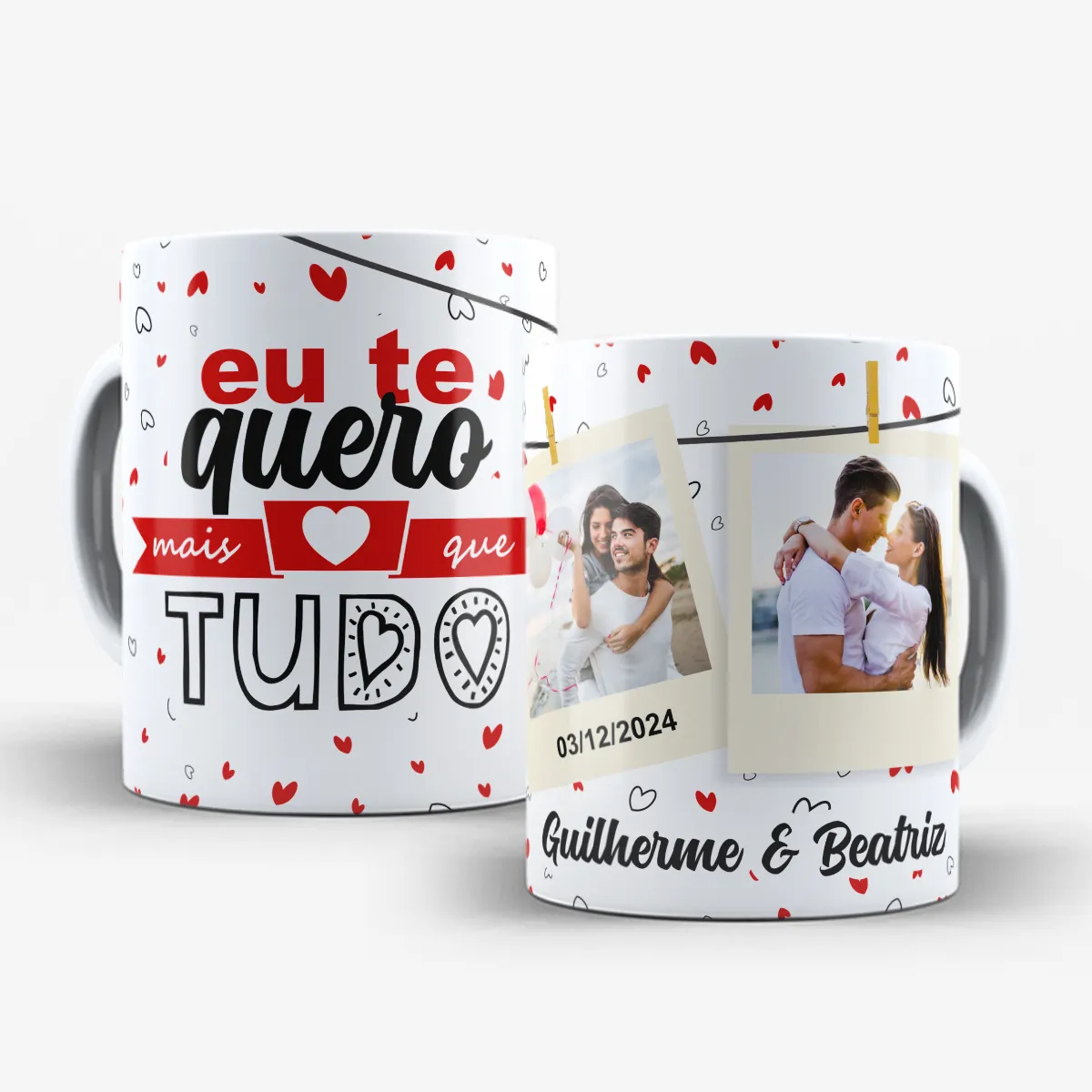 arte para caneca namorados eu te quero mais que tudo, espaço para nomes, 2 fotos e data, fundo branco com corações