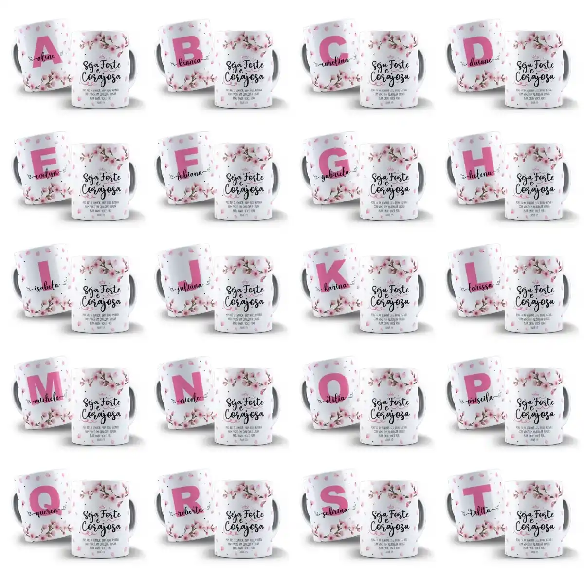 26 artes para caneca seja forte e corajosa com inicial e nome cerejeira, flores de cerejeiras delicadas e versículo Josué 1:9
