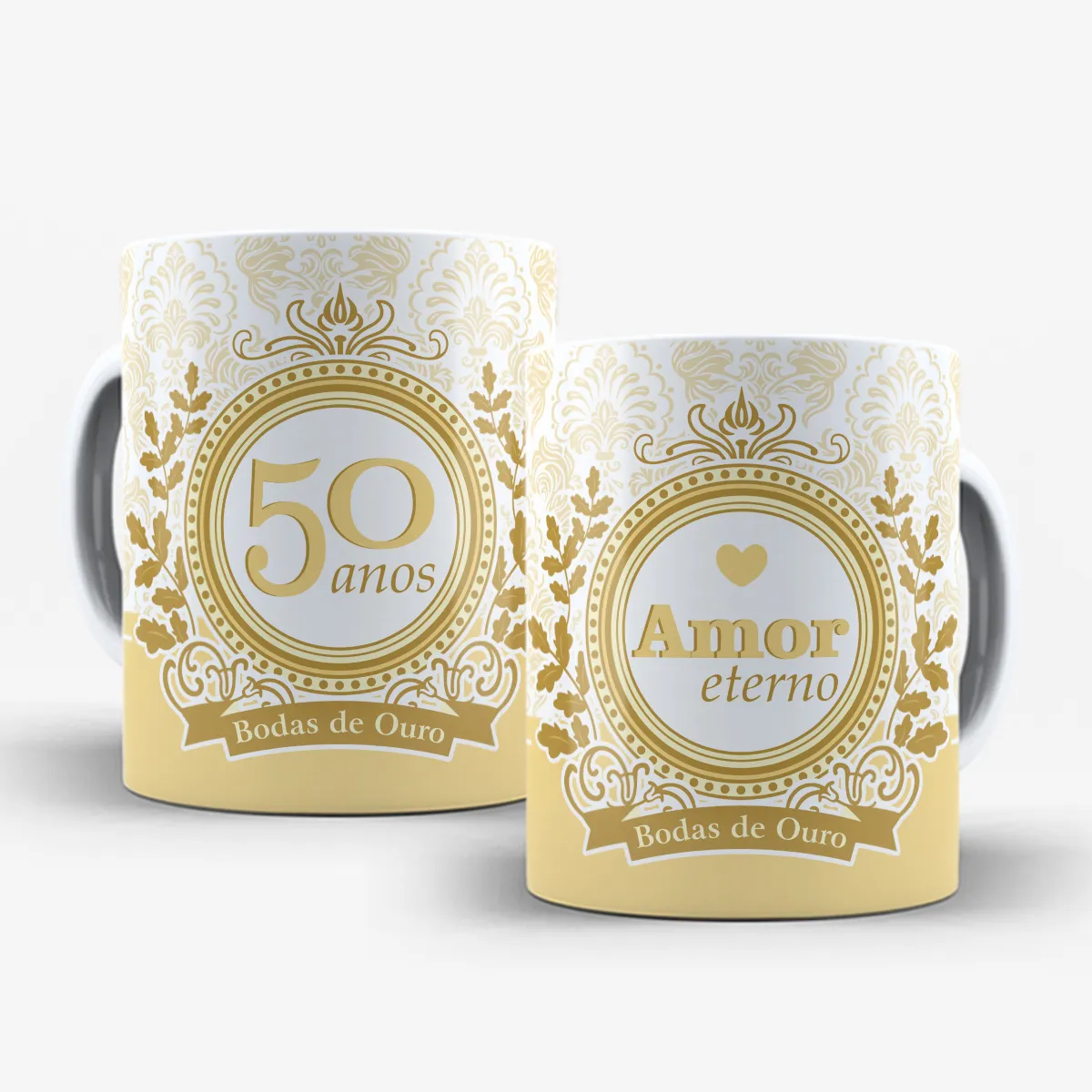 arte para caneca bodas de ouro 50 anos de casados com tons dourados, ornamentos delicados e frases Amor Eterno e Bodas de Ouro