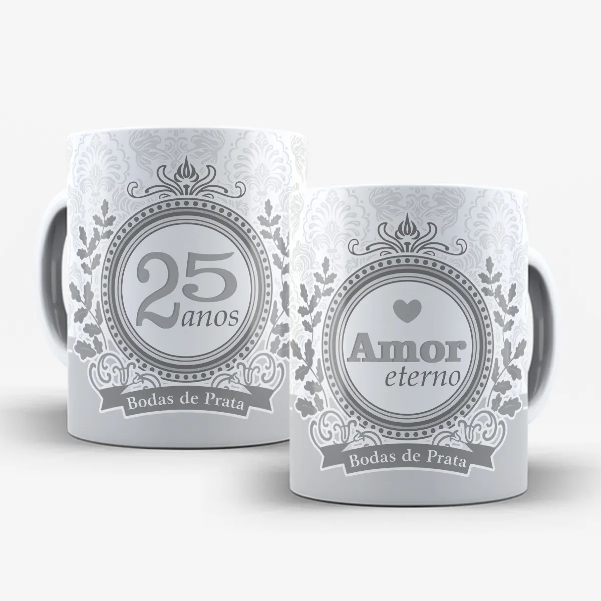 arte para caneca bodas de prata 25 anos de casados com detalhes ornamentais prateados com as frases 25 anos bodas de prata e amor eterno