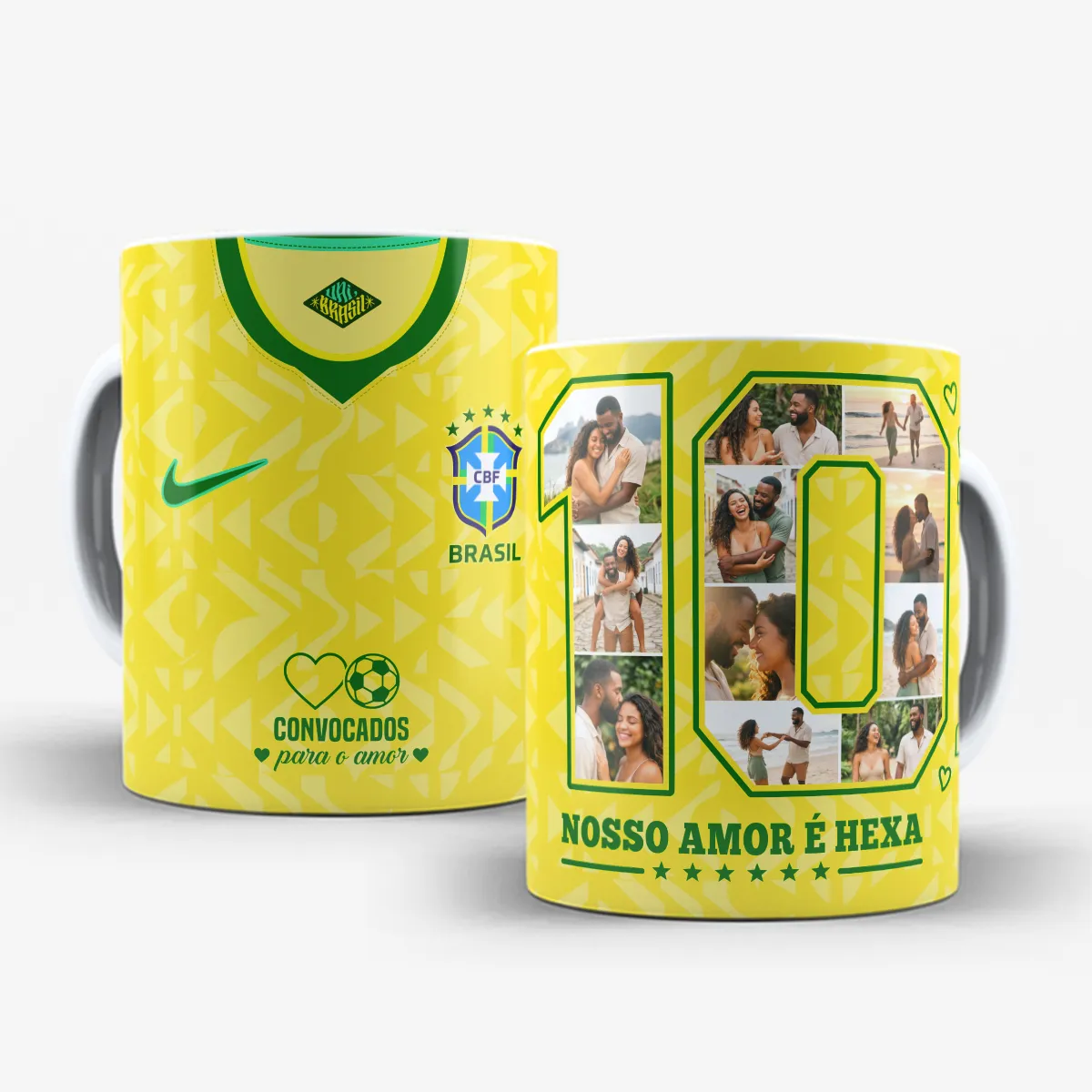arte para caneca dia dos namorados brasil com foto tema Nosso Amor é Hexa número 10 com 11 espaços para fotos do casal cores verde e amarelo