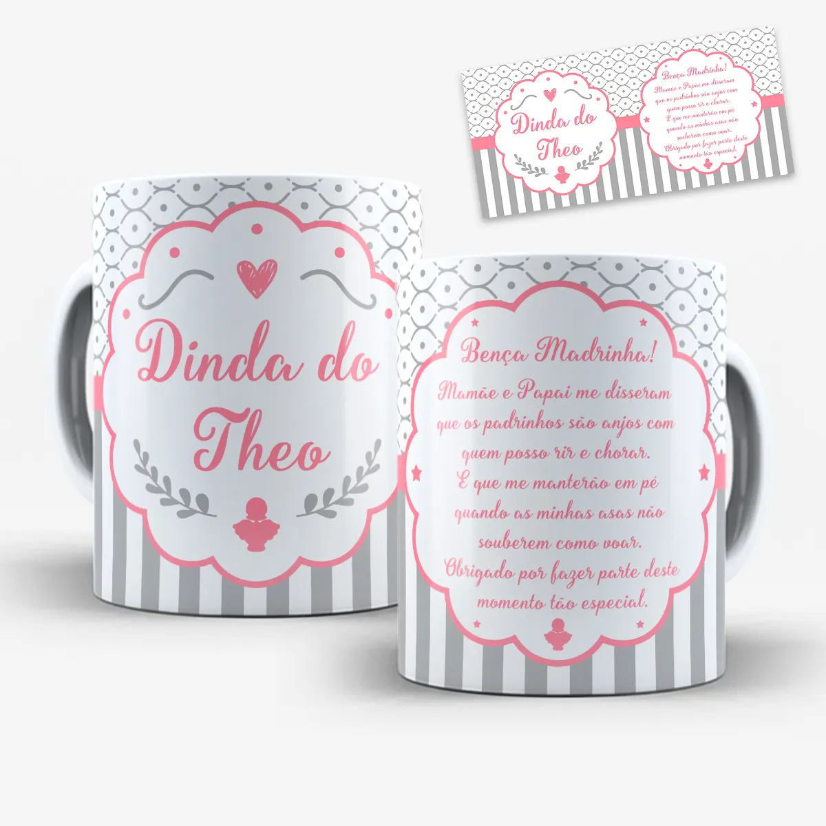 arte para caneca dinda padrinhos de batismo anjinhos em tons rosa com mensagem e espaço para nome