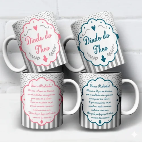 arte para caneca dindo e dinda padrinhos de batismo anjinhos em tons rosa e azul com mensagem e espaço para nome