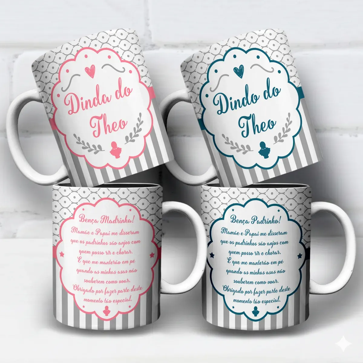arte para caneca dindo e dinda padrinhos de batismo anjinhos em tons rosa e azul com mensagem e espaço para nome