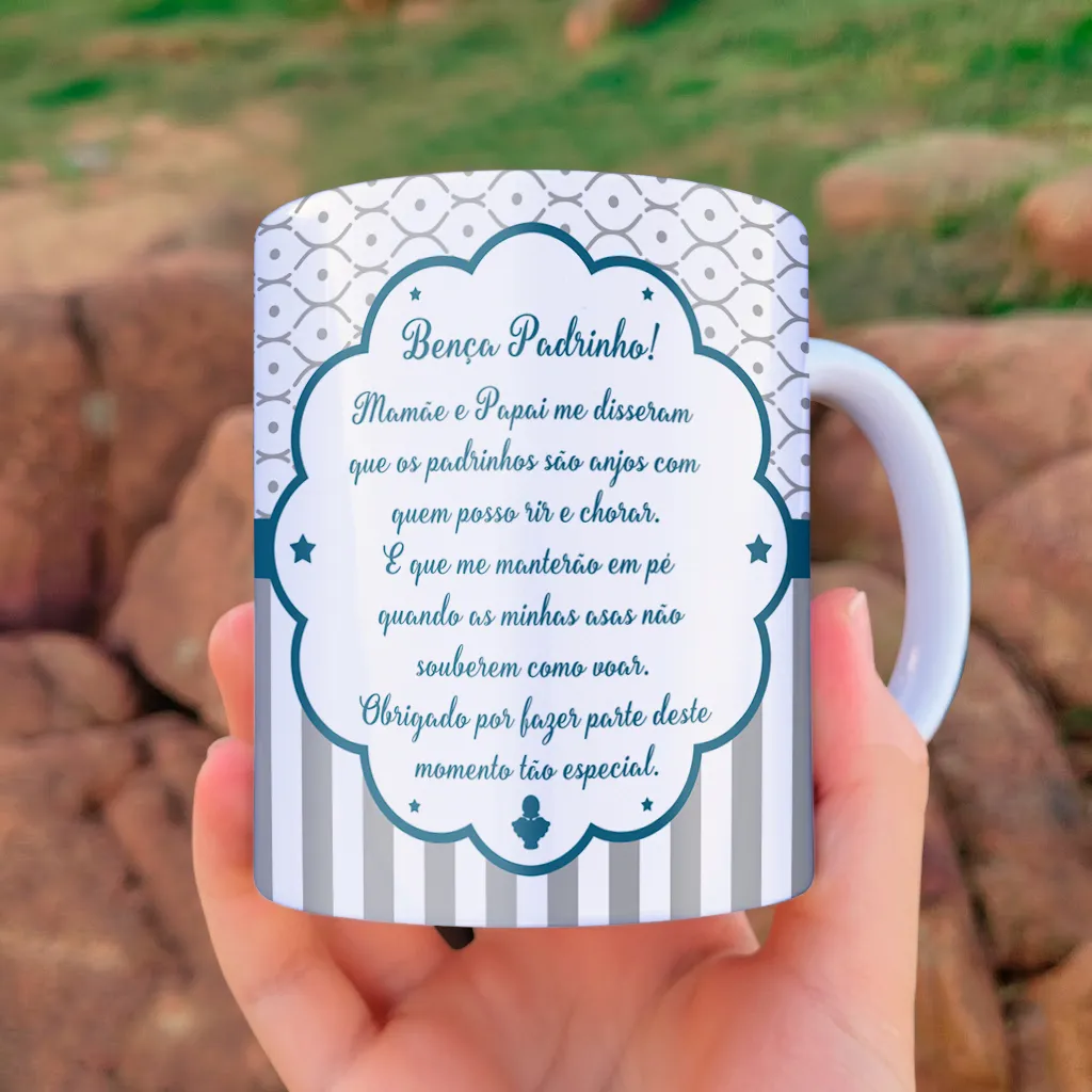 arte para caneca dindo padrinhos de batismo anjinhos em tons azul com mensagem