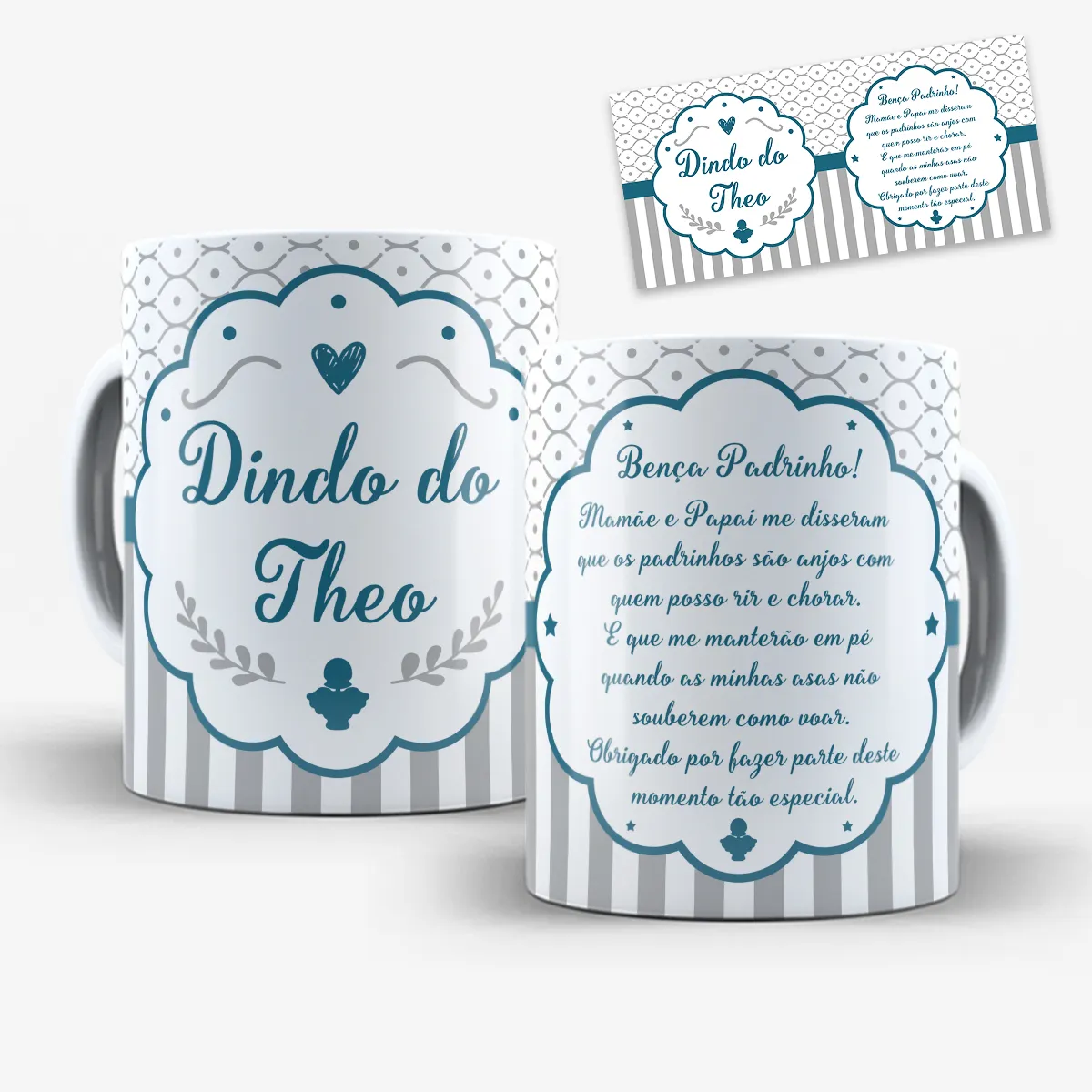 arte para caneca dindo padrinhos de batismo anjinhos em tons azul com mensagem e espaço para nome