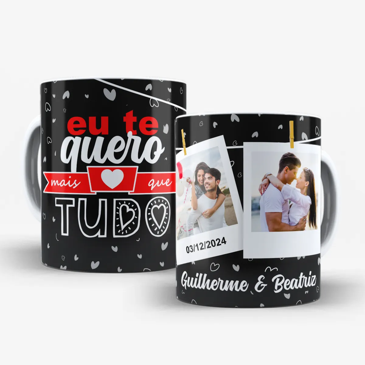 arte para caneca namorados eu te quero mais que tudo, espaço para nomes, 2 fotos e data, fundo preto com corações