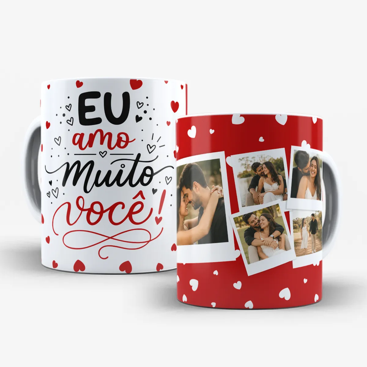 arte para caneca namorados eu amo muito você com frase em preto e vermelho, corações no fundo e espaço para 5 fotos do casal