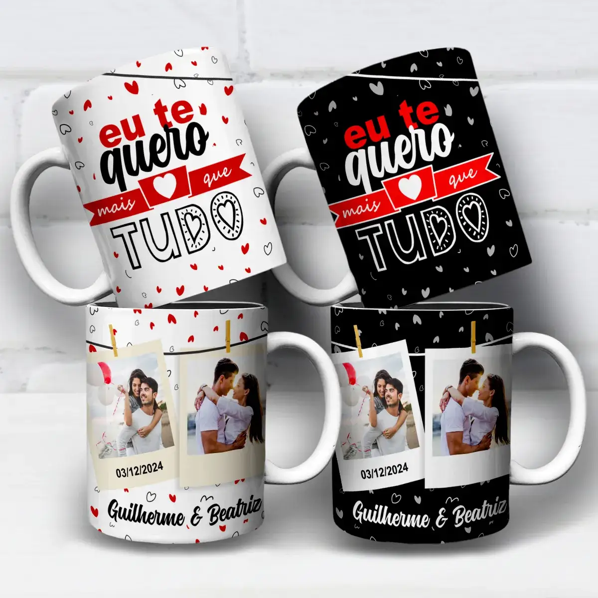 arte para caneca namorados eu te quero mais que tudo com corações, espaço para nomes, 2 fotos e data, fundo branco ou preto
