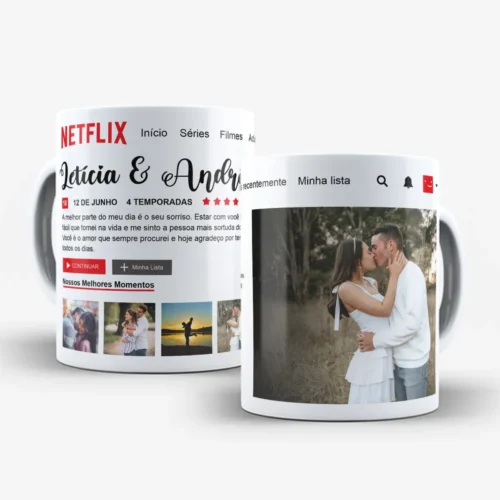Arte para caneca namorados Netflix com foto e fundo branco simulando tela de streaming com espaço para foto principal, quatro foto menores, nomes e mensagem do casal
